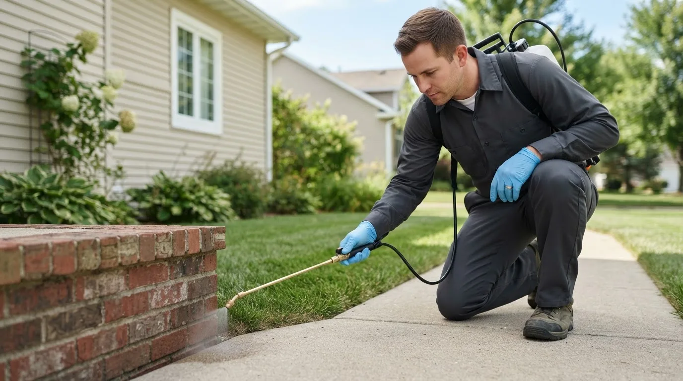 Pest control technician treating a home near Martinsburg, IA