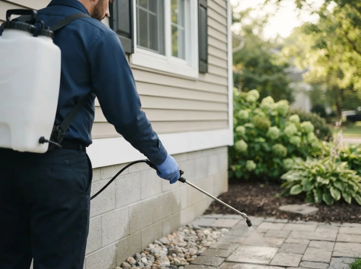 Pest control technician inspecting a home in Martinsburg, IA